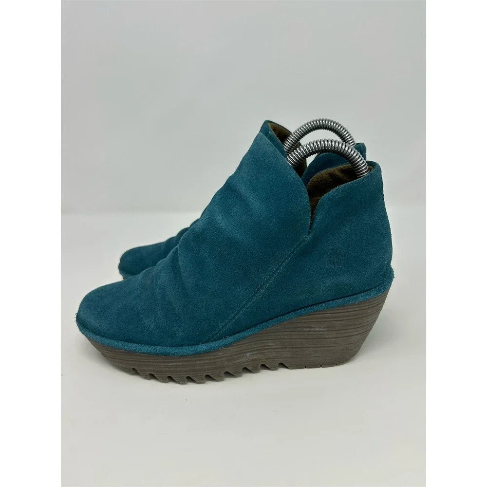 FLY London Yip Wedge Ankle Bootie Womens Teal Petrol Blue Side Zip Size 37